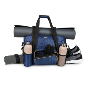 GRAB IT & GO FITNESS TRAVEL DUFFEL BAG- BLUE QUILTED OUTER